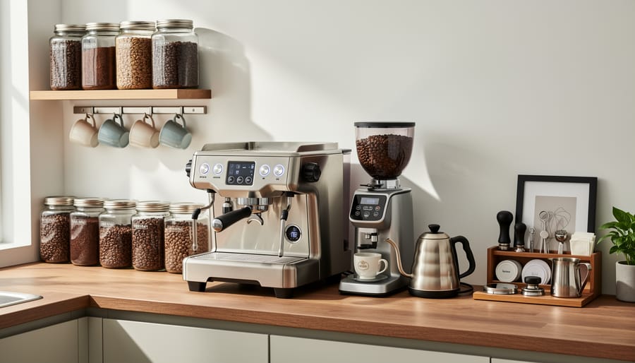 Organized coffee brewing station with equipment and supplies on wooden shelves
