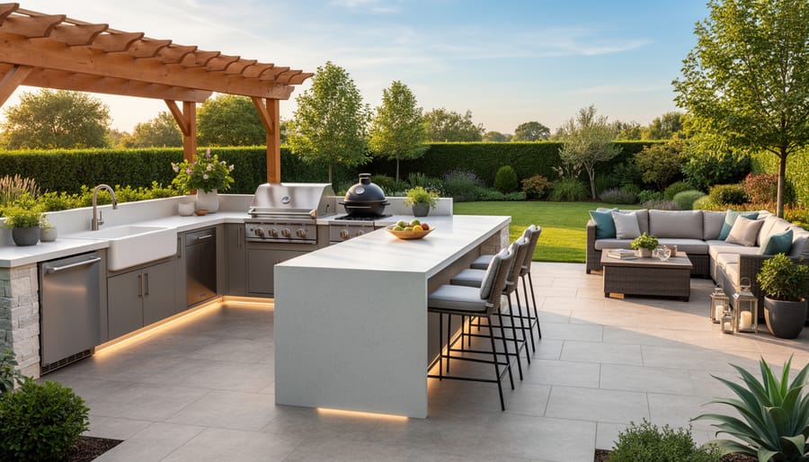 Luxury outdoor kitchen with built-in grill, stone countertops, and storage cabinets on backyard patio