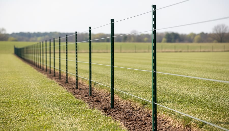 Completed fence line with evenly spaced t-posts and wire fencing across rural property