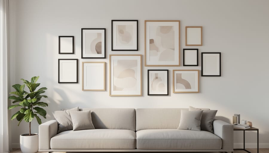 Modern living room with a curated gallery wall of evenly spaced black and wood frames above a neutral sofa, softly lit by natural daylight, with a plant and side table in the background.