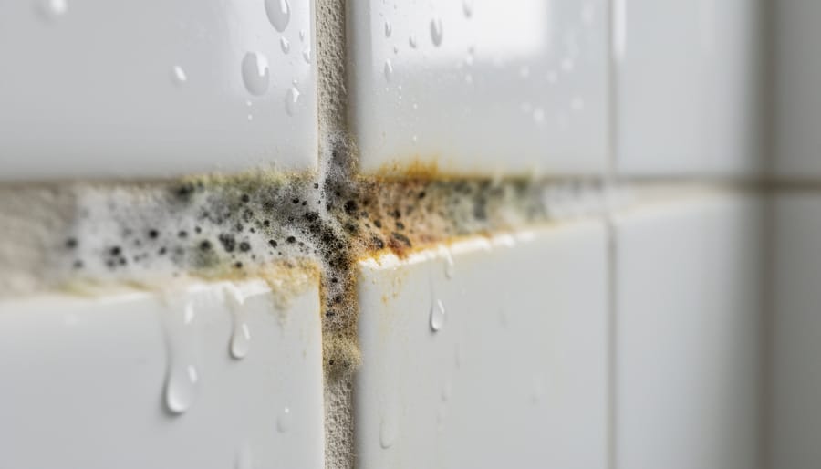Close-up of discolored bathroom grout lines showing dark mold stains between white tiles