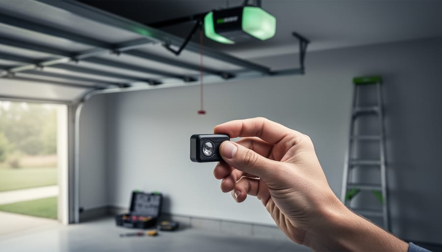 Hand cleaning and adjusting a garage door photo-eye safety sensor on the track, with a green-and-black ceiling-mounted opener blurred overhead and a ladder and small toolbox in the background, lit by soft daylight from the open garage.