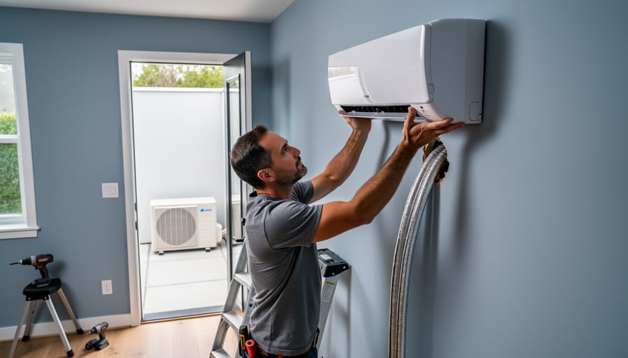 Homeowner installing a ductless mini split indoor unit, feeding insulated refrigerant lines through a drilled wall toward an outdoor condenser, with tools and a ladder on the floor in soft natural daylight.