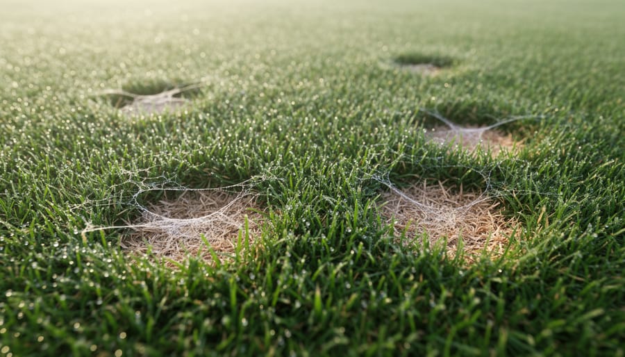 Dollar spot disease on lawn grass showing small circular tan patches with white mycelium