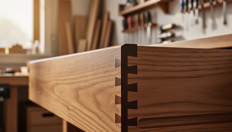 Close-up of dovetail wood joinery showing expert craftsmanship in solid wood furniture