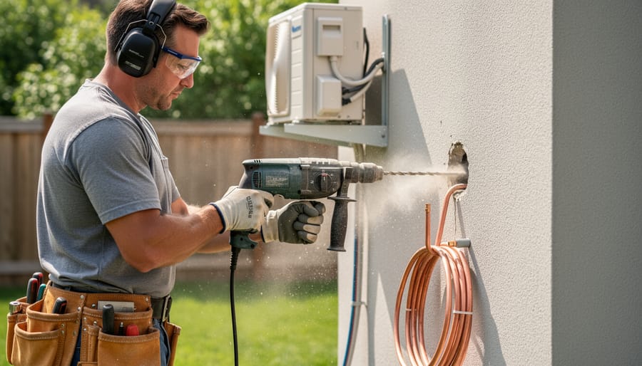 Person drilling through exterior wall for mini split line set installation