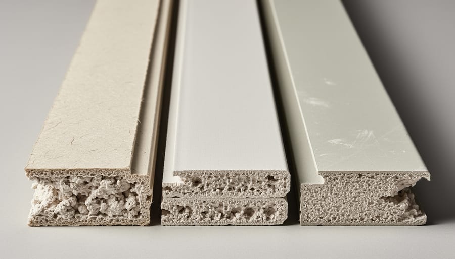Close-up comparison of two different quality drywall sheets showing texture and construction differences