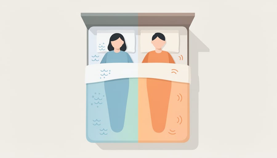Overhead view showing dual-zone temperature control in smart bedding for couples