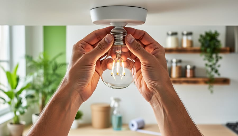 Hands installing an LED light bulb in a modern, sunlit kitchen, with blurred reclaimed-wood shelves, a countertop compost bin, glass spray bottle, and roll of weatherstripping in the background.