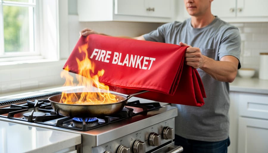 Hands holding fire blanket above kitchen stovetop demonstrating kitchen fire safety
