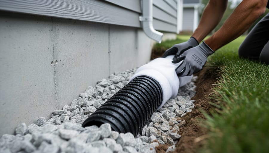 Ground-level close-up of a perforated drain pipe wrapped in filter fabric set in gravel beside a home’s concrete foundation, with damp soil and gloved hands adjusting the pipe; blurred house siding, downspout, and wet lawn in the background.