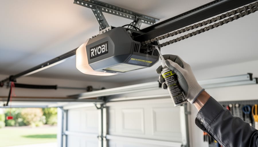 Garage door safety sensors mounted on door tracks showing proper alignment