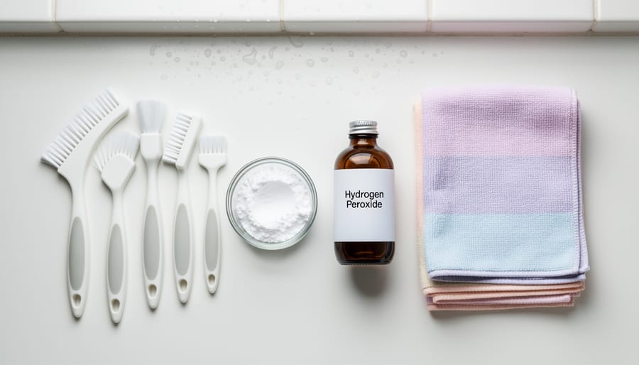 Flat lay of grout cleaning supplies including brushes, spray bottles, and cleaning solutions