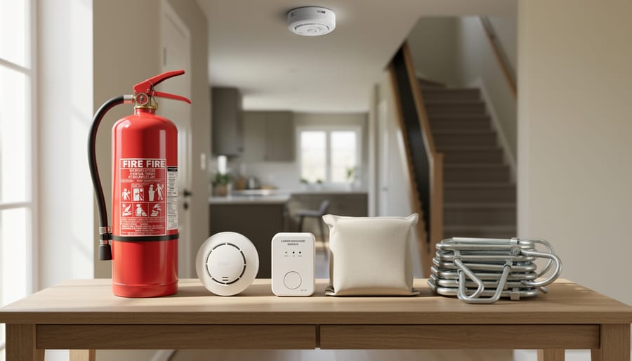 Home fire safety equipment on a wooden hallway console—unlabeled red fire extinguisher, white smoke detector, white carbon monoxide detector without display text, folded fire blanket pouch, and coiled escape ladder—soft daylight, blurred modern kitchen and staircase in background, ceiling smoke alarm visible.