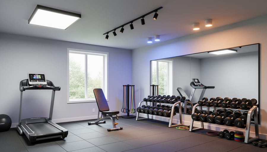 Three types of lighting fixtures for home gyms including LED panel, track light, and smart bulb