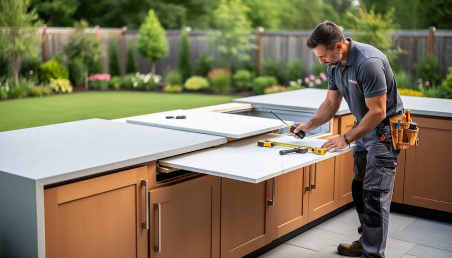 Construction worker installing stone countertop on outdoor kitchen island structure