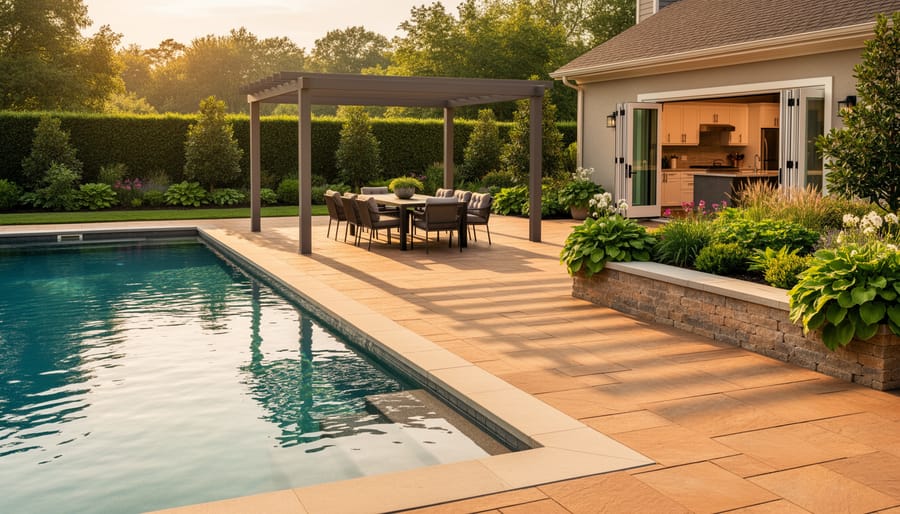 Modern backyard with rectangular pool and expansive stone patio featuring a pergola-shaded dining area, built-in stone seating with planters, and open doors to the home at sunset, with privacy hedges and trees in the background.