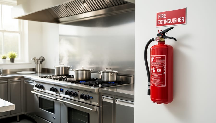 Red fire extinguisher mounted on kitchen wall within easy reach