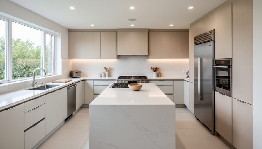Overhead view of modern kitchen layout showing proper clearance and traffic flow around central island
