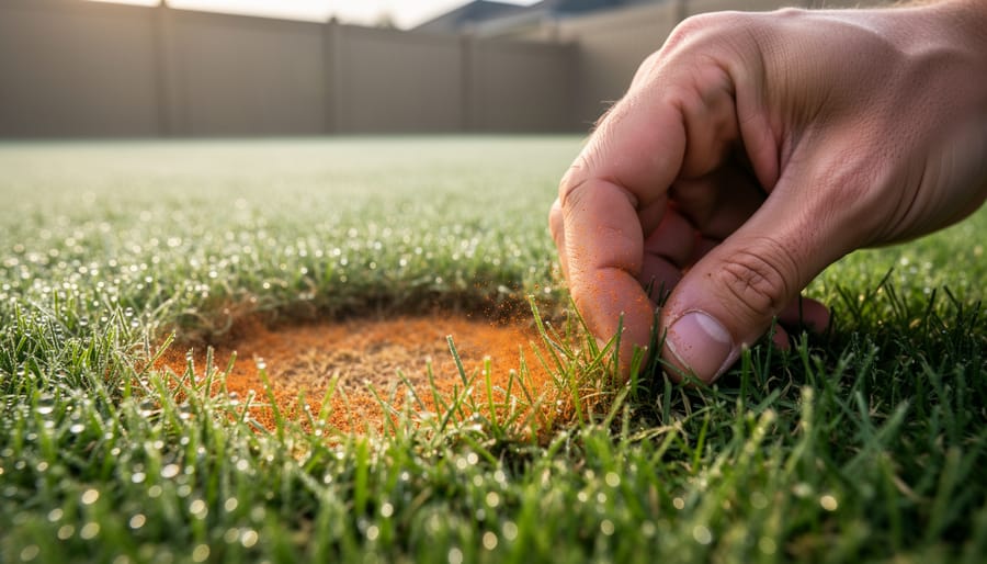 Close-up of a hand lifting grass blades showing lawn fungus—tan dollar spot lesions, orange rust spores on fingertips, and a smoky-edged brown patch ring highlighted by morning dew—with a softly blurred suburban yard in the background.