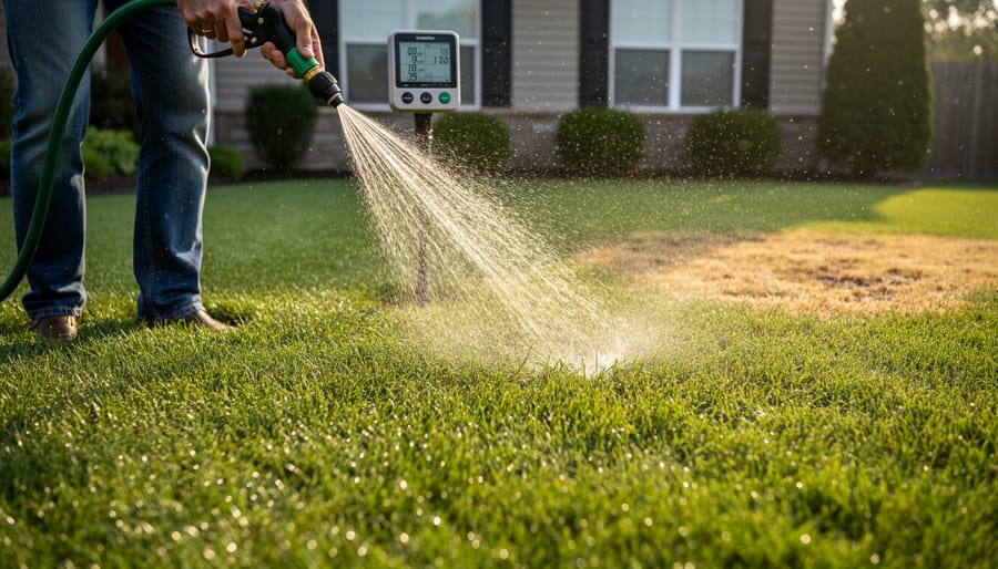 Homeowner adjusting lawn sprinkler for proper watering technique