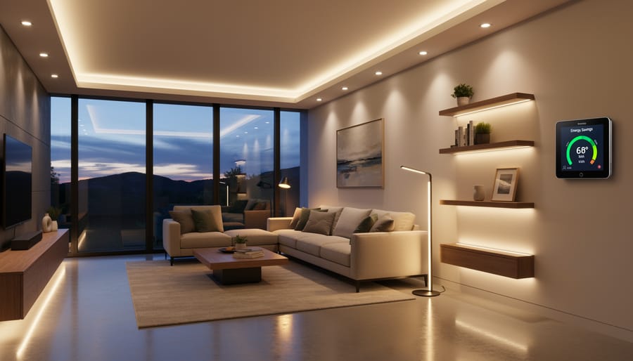 Modern bathroom with energy-efficient LED strip lighting under vanity and around mirror