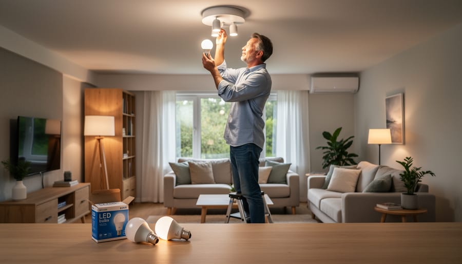Hands comparing LED and incandescent light bulbs with utility bills on table