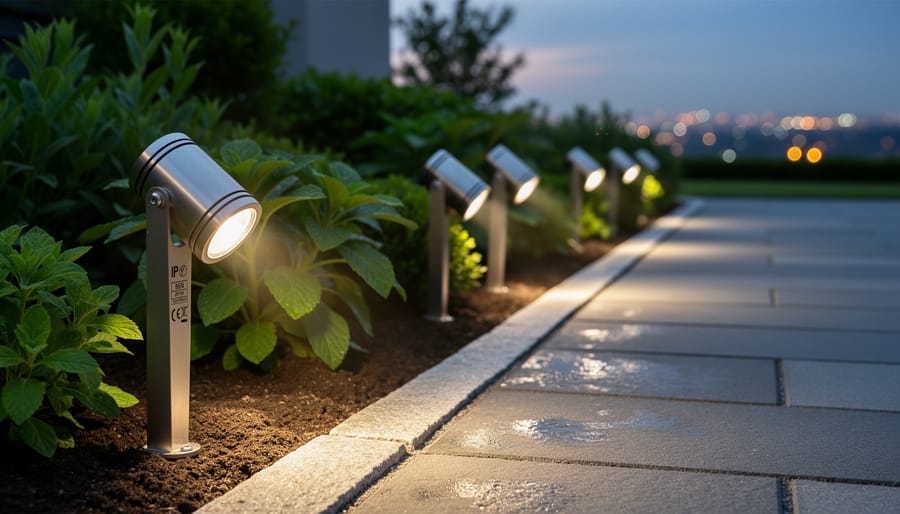 Close-up of waterproof LED garden light fixture on ground stake with adjustable head