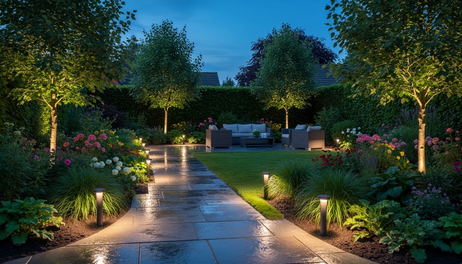 Garden illuminated with LED lighting at dusk showing pathway lights and uplighting on trees