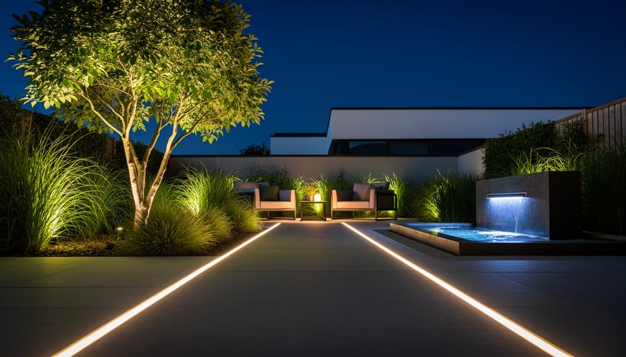 Nighttime garden with LED ground spotlights uplighting a feature tree and grasses, warm path lights guiding to a cozy seating area, and a cool-white accent on a small water feature, viewed from a low ground-level angle with a softly blurred house facade behind.
