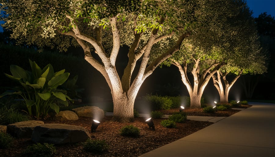 Tree trunk and branches illuminated from below with LED uplight creating dramatic shadows