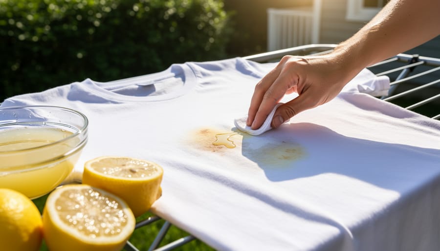White clothes hanging on outdoor clothesline with lemon slices in bright sunlight