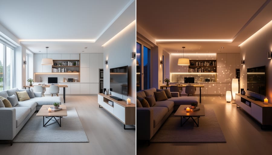 Multi-purpose room showing how different lighting settings create distinct atmospheres for various activities