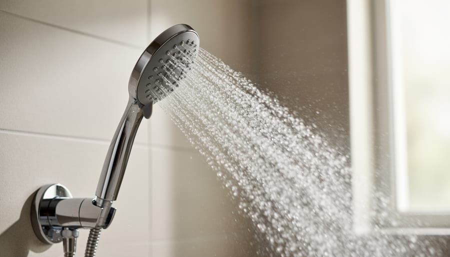 Close-up of modern low-flow showerhead with efficient water spray pattern