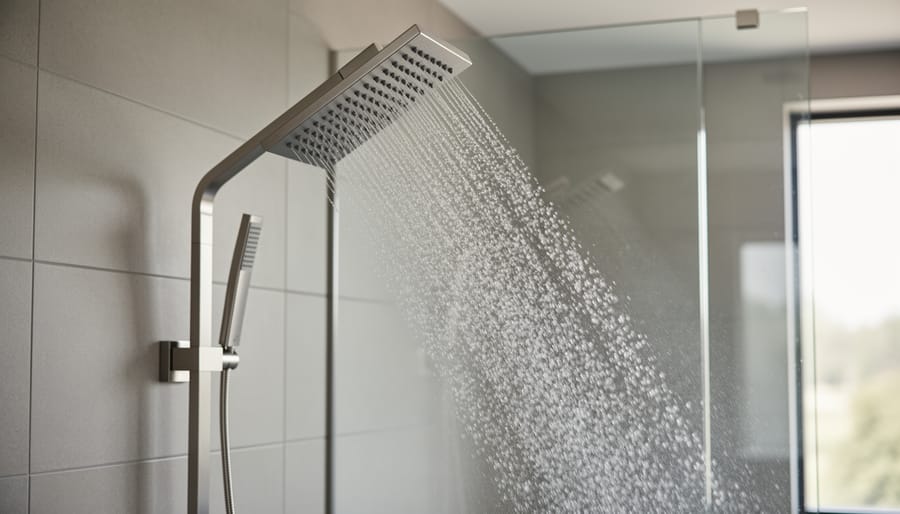 Chrome low-flow showerhead with water running in modern bathroom