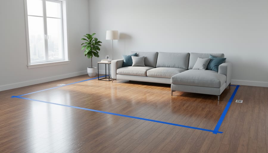 Painter's tape outline on floor showing U-shaped sectional dimensions for planning