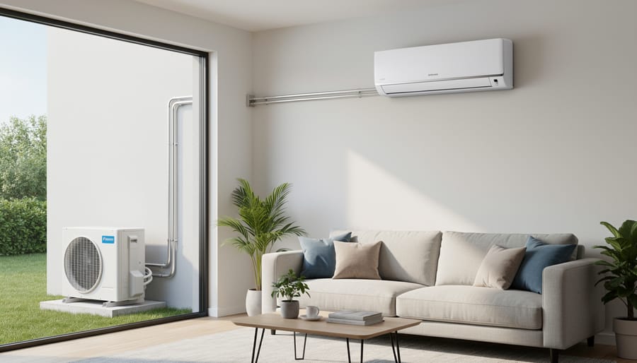 Mini split indoor air handler on wall with outdoor condenser unit visible through window