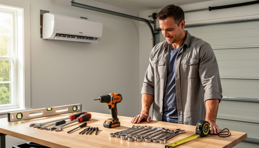 Essential tools for mini split installation laid out on workbench