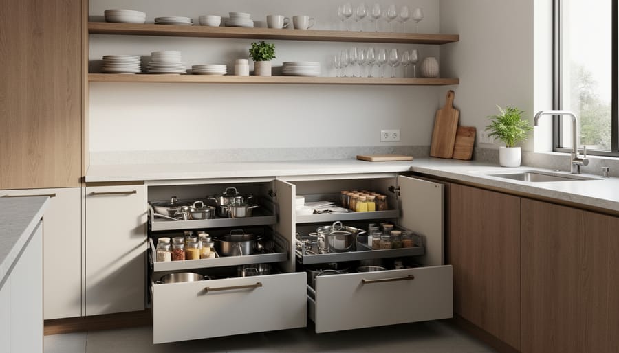Modern kitchen island storage featuring open shelving and organized drawer with dividers