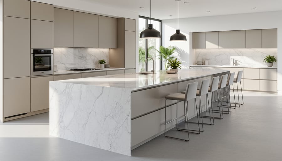 Modern kitchen island featuring waterfall quartz countertop and handleless navy blue cabinets