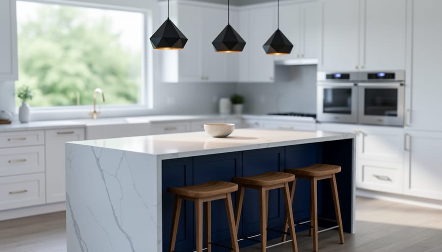 Modern kitchen featuring a waterfall-edge white quartz island with navy cabinetry, geometric matte-black pendant lights, warm wood stools, and softly blurred white perimeter cabinets and window greenery in natural daylight.