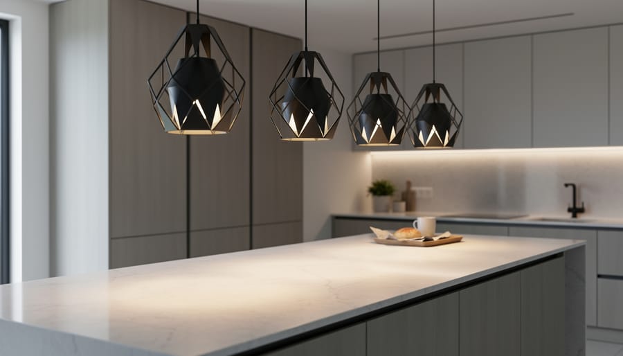 Modern geometric brass pendant lights illuminated above kitchen island with black countertop