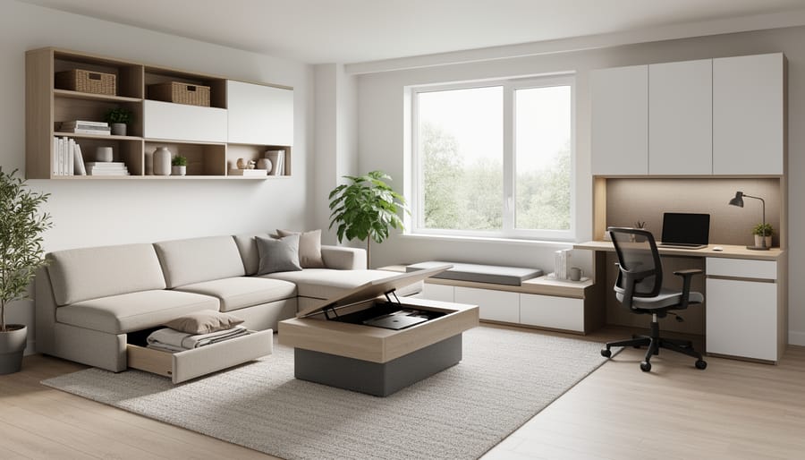 Modern multi-purpose family room featuring modular sofa, ottomans with storage, and flexible furniture arrangement