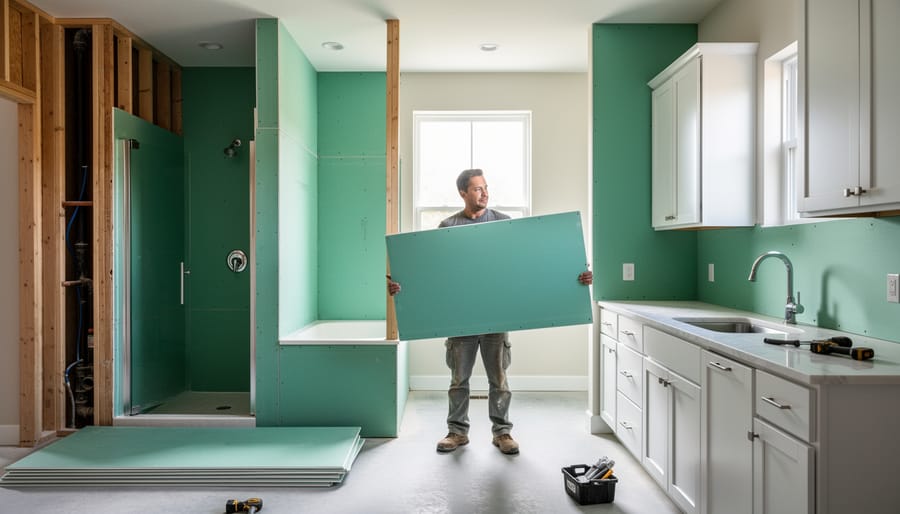 Moisture-resistant drywall installation in bathroom showing specialty green-board panels