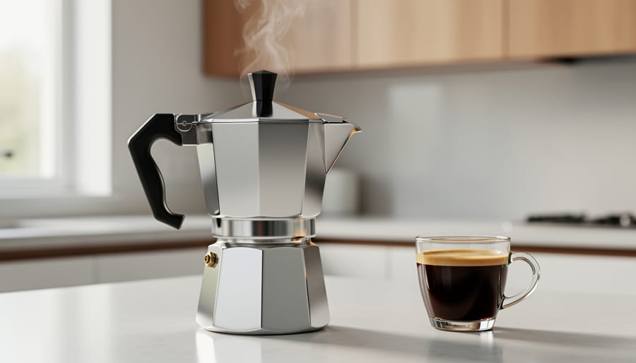 Coffee being poured from Moka pot into white cup on wooden table