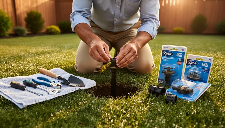 Collection of sprinkler repair tools and Orbit replacement parts arranged on wooden workbench