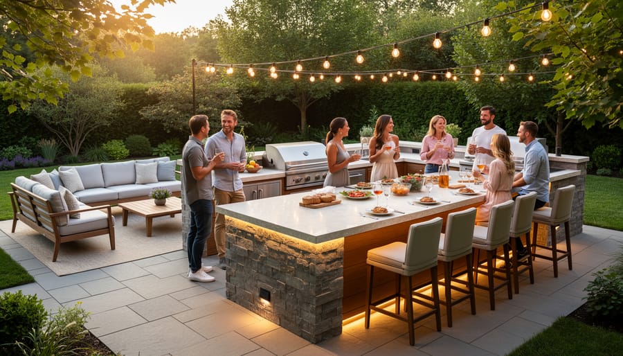 Completed outdoor kitchen at twilight with ambient lighting, grill in use, and seating area