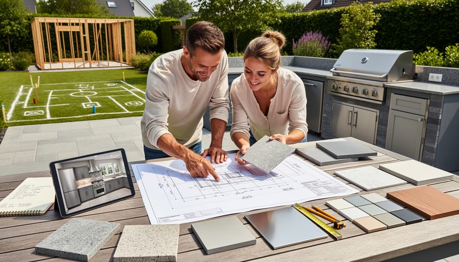 Overhead view of outdoor kitchen planning materials including measuring tape and material samples
