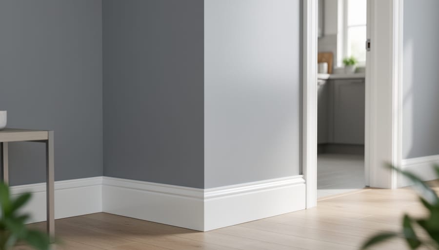 Corner of a modern home with two same-color walls, one matte and the other semi-gloss, side daylight revealing different reflections, and bright white high-gloss trim; blurred doorway suggests kitchen and hallway beyond.