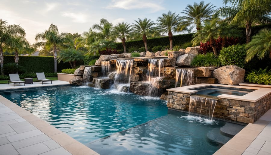 Pool with stone waterfall feature and attached spa creating resort-style ambiance